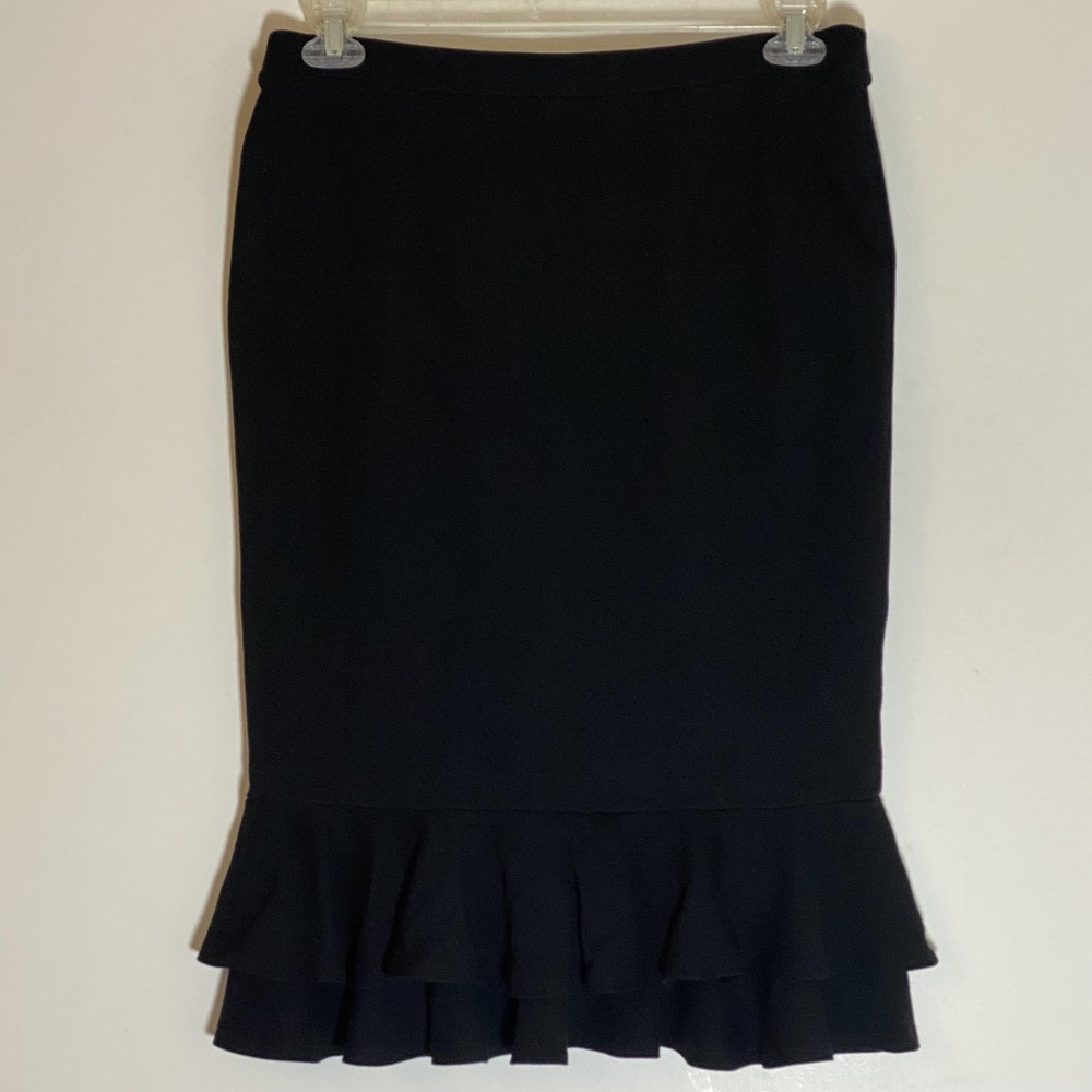 C EST 1946 Skirt Womens Medium Black Ruffle Hem Knit Pencil Midi Pull On - Picture 3 of 9